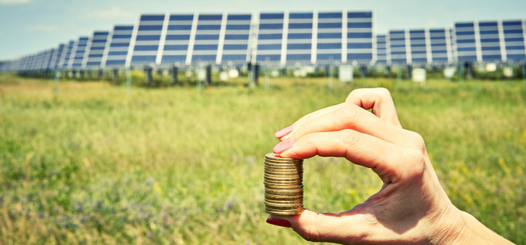 field of solar panels and a hand holding coins to show money saving